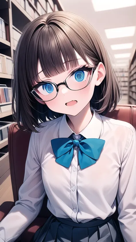 solo girl, 20 years, sitting in a chair , blunt bangs , medium hair, black hair,Blue eyes,  small chest ,glasses,Evil laugh ,disdain, head tilt, Long sleeve shirts, bow tie , with pleated skirt  ,library, incredibly detailed , absurdities,  ultra-high reso...