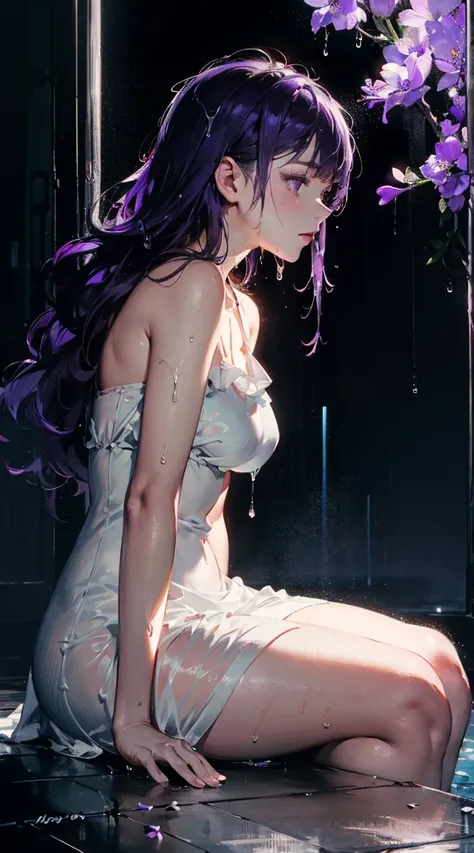 1 girl, (violet hair:1.2), curly hair, (violet eyes:1.2), (realistic style), (cyberpunk style), (rain falling), (rain falling on the girl), (pure white wet dress), (sitting sideways), (side angle), (scenary: night in cyberpunk city), (thick thighs), (curvy...