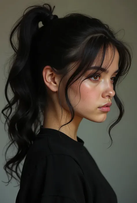  age girl tying her hair in a ponytail of wavy black hair, fair-skinned and red-eyed ,  marked jaw and split chin ,  perfect nose , with a serious expression ,  and a black shirt tight to her body ,  all this from a side 