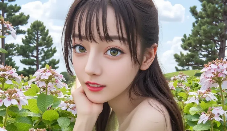 a beautiful young girl with striking green eyes and long eyelashes, detailed face and skin, cherry blossom trees, fern plants, pine trees, fantasy landscape, vibrant colors, ethereal lighting, detailed 3D rendering, photorealistic, best quality, 8k, master...