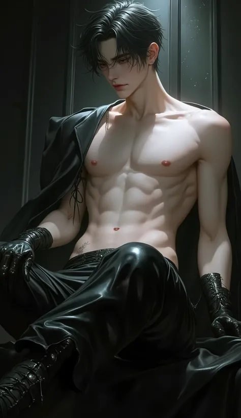  Final fantasy style and real graphics , (( Japanese young sweet and cool ikemen boy )), he is about 20 years old ,  thin eyebrows and small eyes ,  ((he should see everything without clothes  )),  (( tight black leather pants )),  (( put black leather thi...