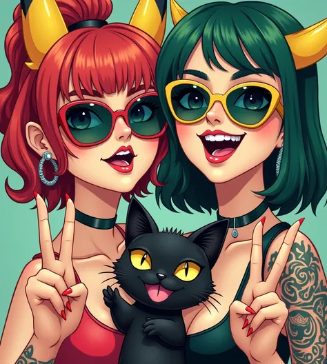 Cheeky Cool Beauty 、 women in sunglasses are cute peace sign and a cute kitten black cat next to them is in the same pose and has won many peace sign awards,  character design , tongue, smug face,  odd-eye,  naughty,  close-up,  goggles,  Lolita-style head...