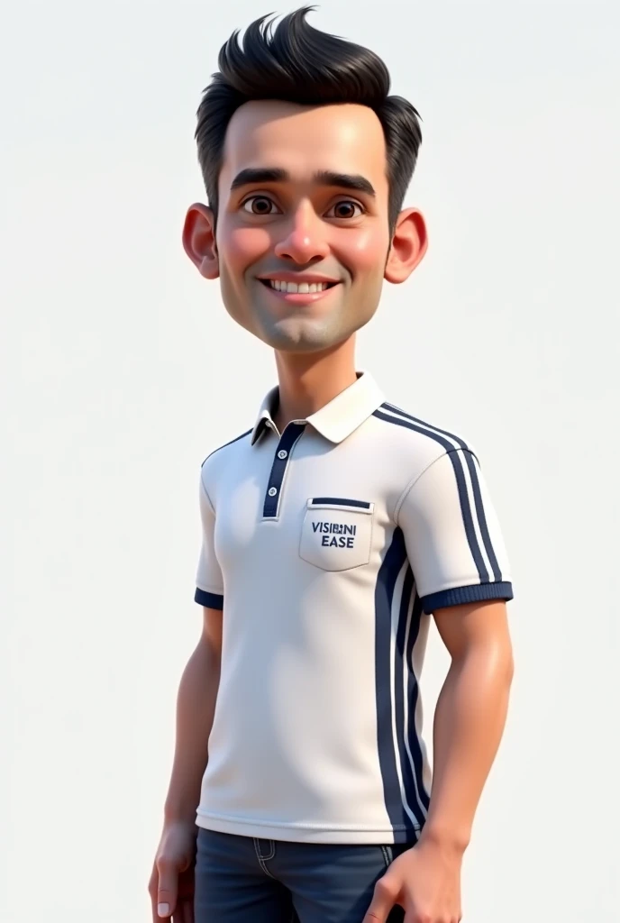 A lifelike 3D caricature of a handsome middle-aged man, but young-looking, around 25 years old. He has fair, smooth skin and short black hair. He is wearing a white short-sleeved shirt with a collar. The shirt has dark blue vertical stripes on the right an...