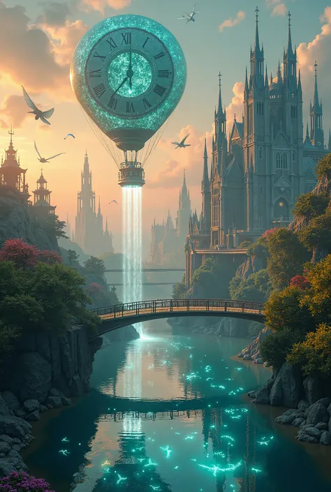 

 A floating city in the sky at sunset ,  built entirely of glass and crystal ,  reflecting the colors of the horizon .  The buildings are suspended by huge hot air balloons and steam mechanisms ,  with waterfalls of liquid light falling on empty below . ...