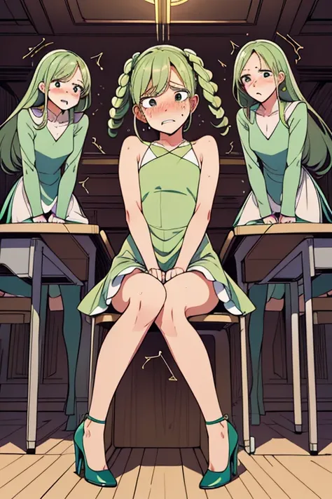 (ultra-detailed, best quality, anatomically perfect body), (perfect face), (full body:1.2),  (light green dress:1.3), (full of people:1.4), (sitting:1.4), (in a classroom), (high heel:1.4), (leg crossed:1.3),(hand between legs:1.3), (have to pee:1.1),(urge...