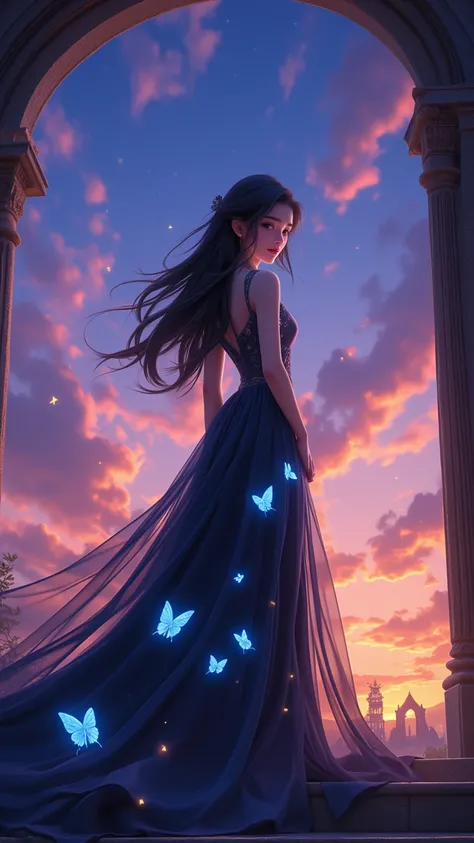   Disney-style illustration  ，  depicts a young woman standing elegantly on a staircase at dusk in magic。  She wears elegant  、 Flowy Dress  ， Decorated with life  、  glowing blue butterflies  ，  They seem to come to life on the fabric  。  This dress combi...