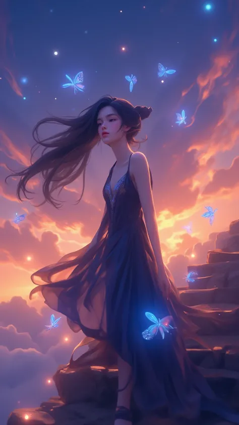   Disney-style illustration  ，  depicts a young woman standing elegantly on a staircase at dusk in magic。  She wears elegant  、 Flowy Dress  ， Decorated with life  、  glowing blue butterflies  ，  They seem to come to life on the fabric  。  This dress combi...