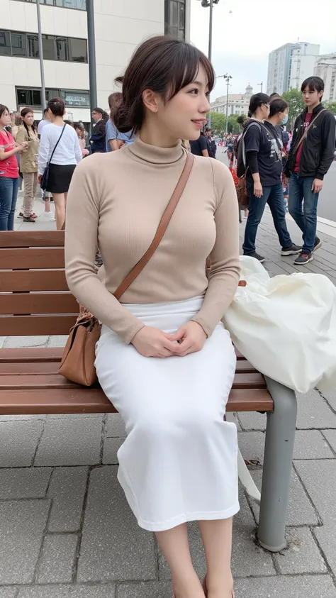 Smiling teenage girl sitting on a bench on a street corner in Tokyo where many people come and go。I'm wearing a beige turtleneck knit and a tight white mermaid long skirt、 wearing high heels。The girl with beautiful short black hair and tanned skin is looki...