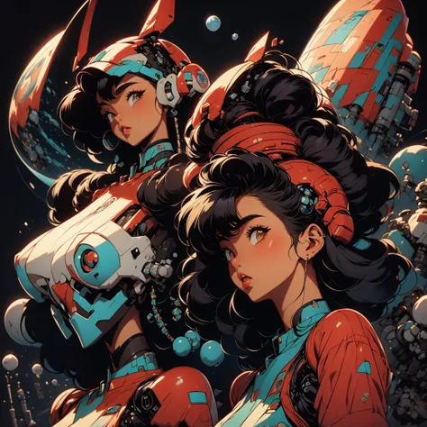 , 1 girl, 1 female robot, años 90, retro. Background: mecha planet