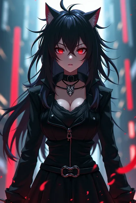   anime with long spiky black hair and red eyes,Your clothes are black with a cat's tooth 
