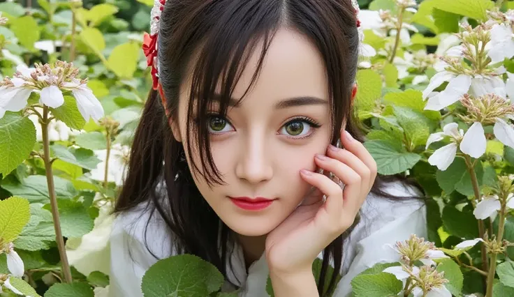 Beautiful girl with striking green eyes and long eyelashes, detailed face and skin, spring flowers, horsetail and field horsetail, fantastic landscape, vibrant colors, fantastic lighting, detailed 3D rendering, photorealistic, best quality, 8k, masterpiece