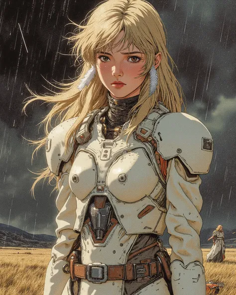  Girl, about fifteen years old, with long blond hair and brown eyes, with two white feathers down behind their ears,  in a soft white dress with elements of high-tech armor, with a sword, standing alone in the rain, on a field in a wasteland and cries, wit...