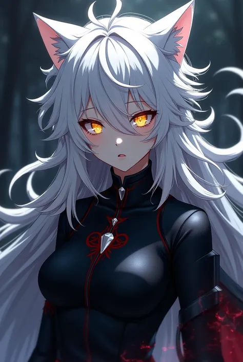 Anime with long, spiky white hair and golden eyes, Your clothes are black with a cat's tooth 
