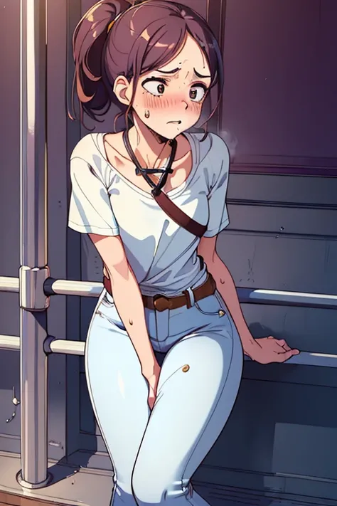 (ultra-detailed, best quality, anatomically perfect body), (full body:1.2), (white tight shirt:1.3), (short denim jeans:1.3), (full of people:1.3), (holding handrail:1.4), (round face:1.2), (on a bus),  (double-crossed leg:1.7),(hand between legs:1.3), (ha...