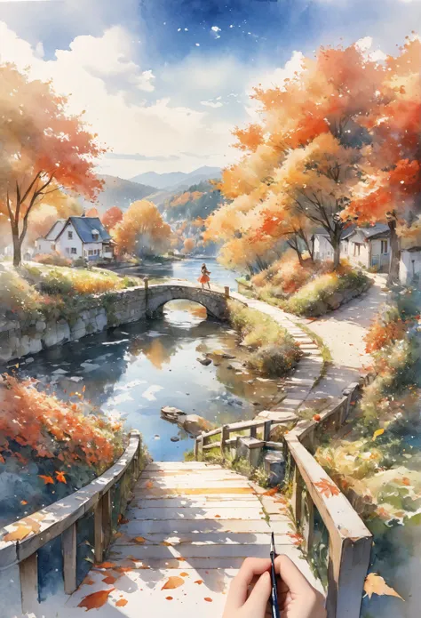 ultra-detailed,(scenery:1.2) , (1girl:1.1),watercolor \(medium\),(sketch:0.7),perspective,(autumn:0.9)