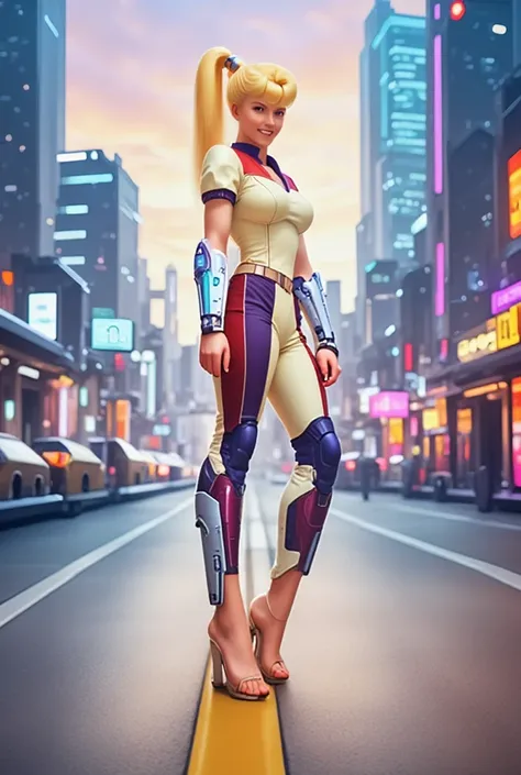 rollmega, standing on the street, in the city, sexy woman, realistic, smooth, high details, masterpiece, 4k, smile, scifi, blonde, ponytail, android, full body, barefoot, feet, bare feet, toes