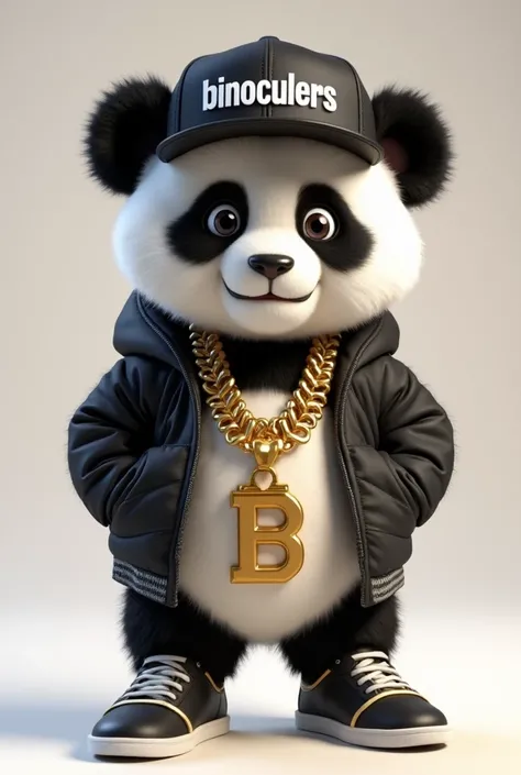 Animated baby panda wearing a black straight cap written BINOCULERS and black sneakers wearing a chain with a huge B