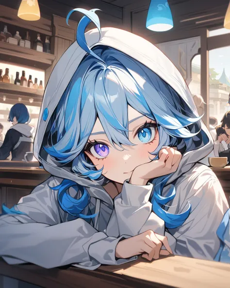 In the background, people are drinking coffee in a stylish coffee shop.
 top quality, Masterpiece,   １girl, Freena \( Genshin Impact\),  Genshin Impact, cowlick,   Mismatched Students ,   heterochromia ,   sleeve,  headrest,  Closed Mouth,  watching the vi...