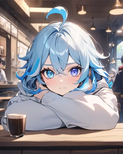 In the background, people are drinking coffee in a stylish coffee shop.
 top quality, Masterpiece,   １girl, Freena \( Genshin Impact\),  Genshin Impact, cowlick,   Mismatched Students ,   heterochromia ,   sleeve,  headrest,  Closed Mouth,  watching the vi...