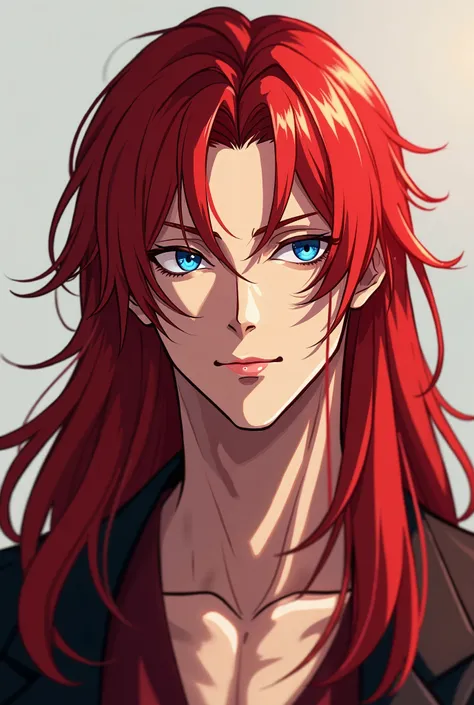 Male red long hair and blue eyes handsome anime style 