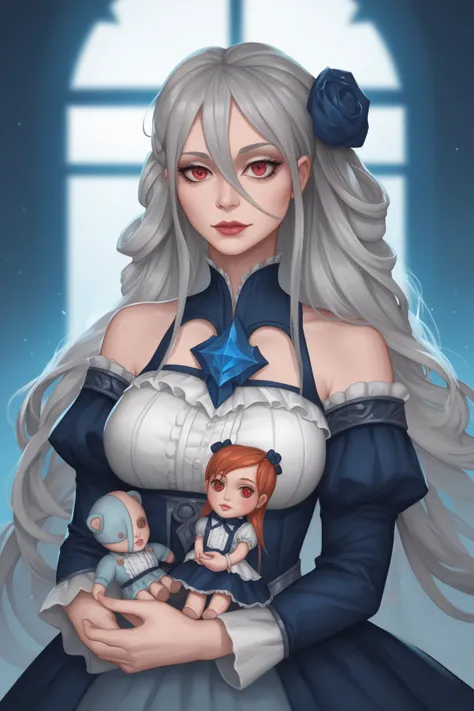 (realistic painting style:0.9),  masterpiece,  league player ,  absurdities,  looking at the viewer,  alone, (Babydol gray :1.5),   Bronya Zaychik ,  red eyes,  big boobs,   long hair,  gray hair dress, fringe,  gray eyes , toys,  hurricane hair ,  hair be...