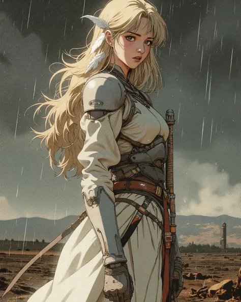  Girl, about fifteen years old, with long blond hair and brown eyes, with two white feathers down behind their ears,  in a soft white dress with elements of high-tech armor, with a sword, standing alone in the rain, on a field in a wasteland and cries, wit...