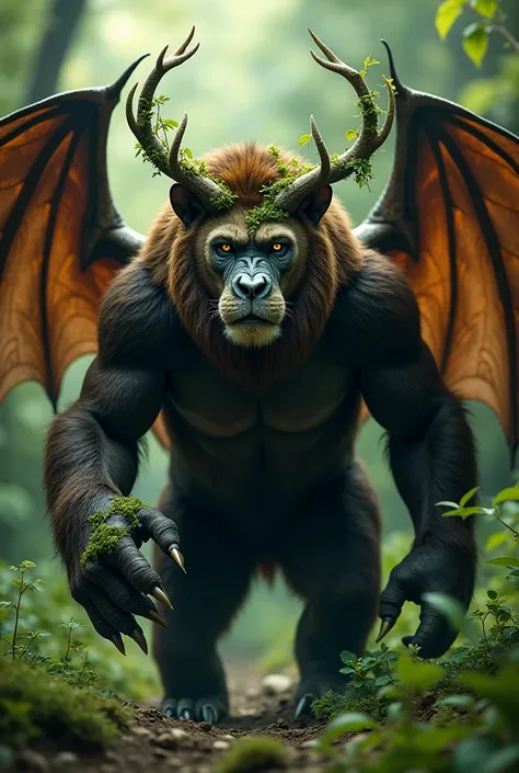  the majestic appearance of a lion and the wings of a bat .  His body is robust and muscular ,  reminiscent of the strength of a gorilla ,  with powerful arms they end up in sharp claws . Her fur ,  of a dark brown shade with green shades ,  is camouflaged...