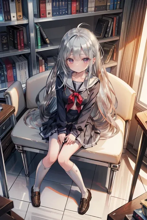  high resolution,8k, very detailed, top quality, Masterpiece, 1 woman (160cm tall, cool expression,( Silver Hair, straight long hair,unkempt:1.9),red eyes,  small breasts, Slim waist)、(( high school girl uniform :1.4), pleated skirt, white tights,ribbon(re...