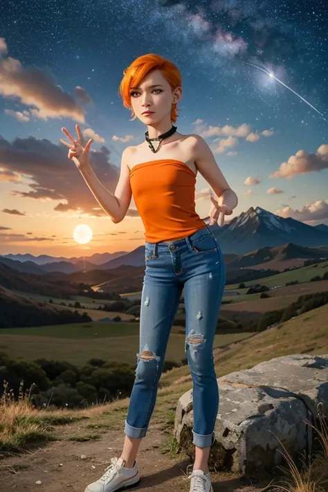 Gwen, strapless blouse,  short hair,  orange hair, collar,  Thin body ,  small bust,  full body shirt, jeans,  pretty legs, landscape, mountainous, Outstretched hand,  starry sky,  Full Moon,