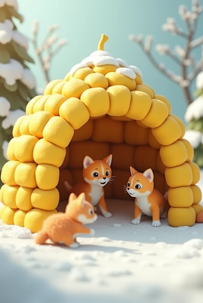 An igloo made of hundreds of small bananas with orange kittens and a little fox living inside.