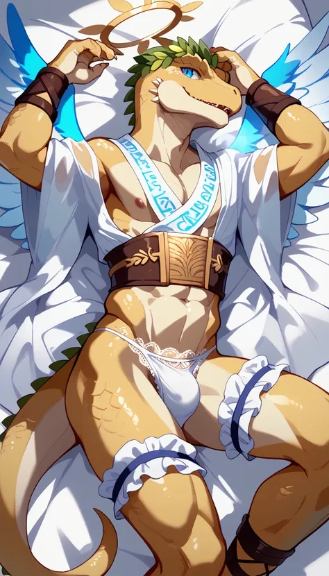 Highest quality、perfect anatomy,Anthropomorphic male Lizardman in white thong panties,lace panties,Furry、Lizard head、Lizard tail,Gay、ancient greek style white robe,gladiator sandals、Fantasy、Skimpy、White Breath、crotch close-up、angel halo,anime style,slit bl...