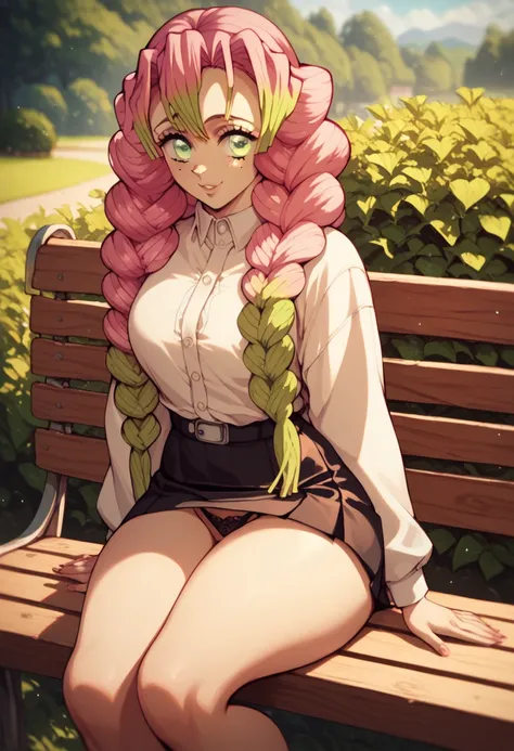      Mitsuri Kanroji pink hair with curly braid Big green eyes big boobs abdomen healed thick thighs Big black blouse black skirt black thighs panties black thong sitting on the bench in the square doing a sexy pose