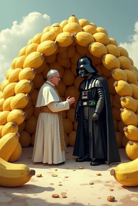 An igloo made of hundreds of small bananas with the Pope and Darth Vader inside, having an argument.