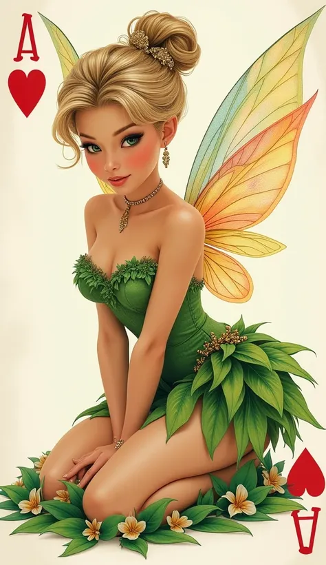 the detailed proportions and textures brushed multicolored and softened with airbrush, a semi-realistic Chinese ink illustration of an exotic beauty of the Tinker Bell Fairy (full body) and shy pose, angelic face, innocent look, thick thighs, round and hug...