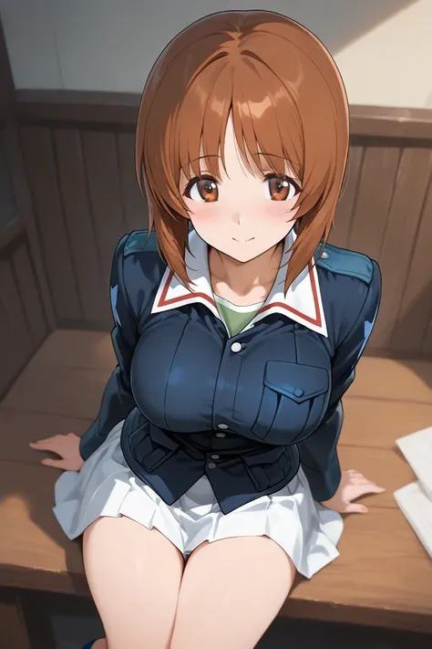 nishizumi miho,large breasts,ooarai military uniform,