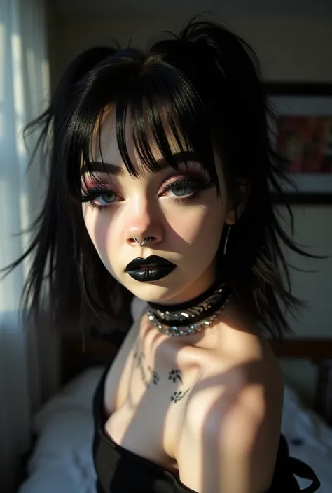 1girl, woman, emo_hairstyle, black lipstick, big choker, eyeliner, eye shadow, mascara, smoky eyes, black lips, bedroom, natural lighting, perfect face, emo, big breasts, black lips, sweatshirt, over the shoulder, tattoo