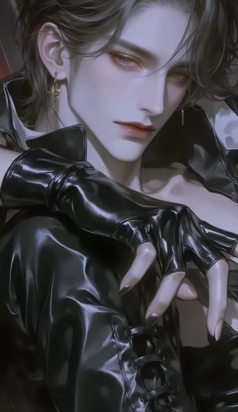  Final fantasy style and real graphics , (( Japanese young sweet and cool ikemen boy )), he is about 20 years old ,  thin eyebrows and small eyes ,  ((he should see everything without clothes  )),  (( tight black leather pants )),  (( put black leather thi...