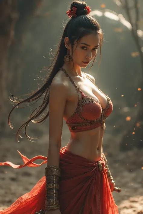 elegant oriental woman with a bun and large breasts, she is a warrior, young girl, slim and attractive body,  she is thin and sexy, She's in a fighting position and sweaty, She fights against a mythological monster.