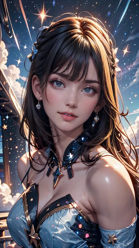  high detail,  Super Detail,  ultra high resolution,  A girl having a great time in the galaxy of her dreams , Surrounded by stars, The warm light that shines on her,  The background is a starry sky with colorful galaxies and galactic clouds, The flying st...