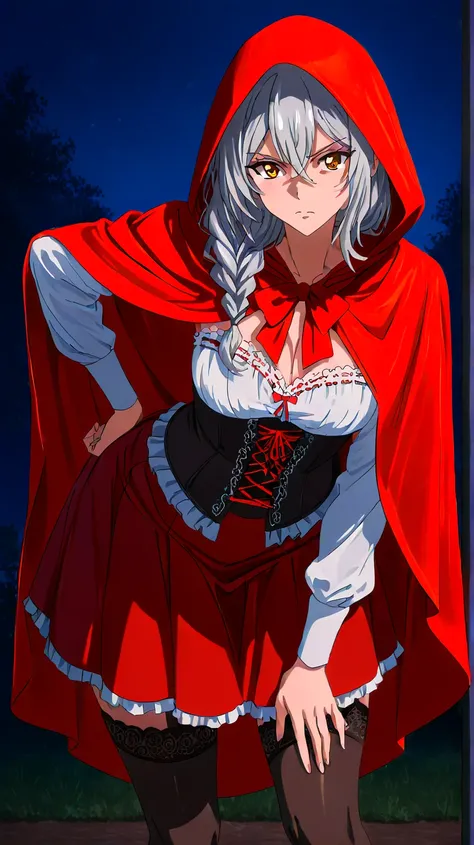 Modern Anime style , Milinial body, Red Riding Hood, Serious face, stockings, standing, adult woman, hand on the hip, skirt , Bright drawing, night, Decollete , medium breasts, corset, solo, Braided, Older  woman, bent over, 