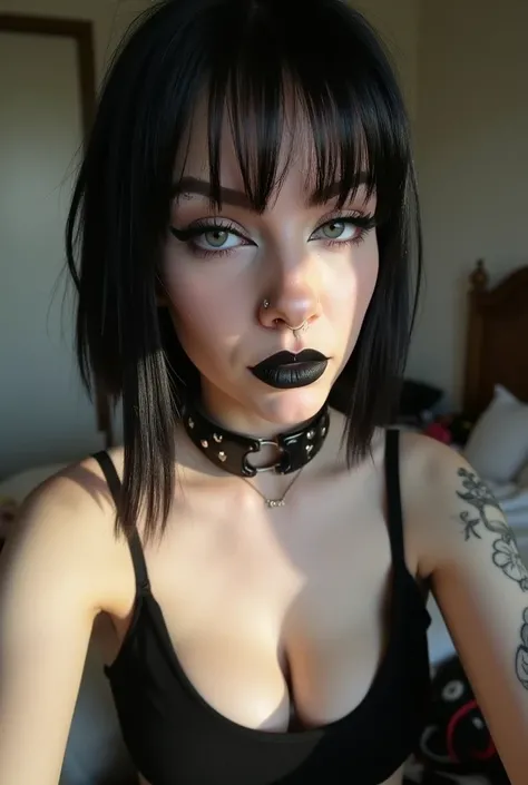 1girl, woman, emo_hairstyle, black lipstick, big choker, eyeliner, eye shadow, mascara, smoky eyes, black lips, bedroom, natural lighting, perfect face, emo, big breasts, black lips, sweatshirt, over the shoulder, tattoo