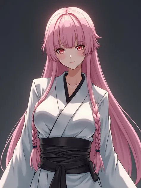 Light pink braids, long hair, gorgeous woman with bangs, big eyed costume, white coat, medium black ninja style costume, silver haired host style, male arm muscles, amazing chest, thick, tall costume, ninja style