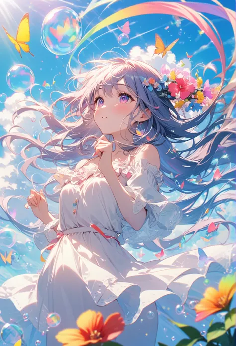 ＪＫ,  Flowing Hair,Beautiful sky, Beautiful Clouds, summer，  colorful flowers, (Transparent bubbles sparkle in the sky),  Masterpiece, high resolution。Seven colorful butterflies flutter beautifully around the girl。