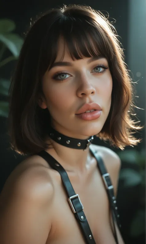 score_9, score_8_up, score_7_up, score_6_up, photo, realistic, photorealistic, cinematic shot, bimbo, brunette, big lips, huge lips, makeup, straight bangs, straight bangs, bob haircut, lush, big sagging breasts, leather harness, BDSM, posing, looking at v...