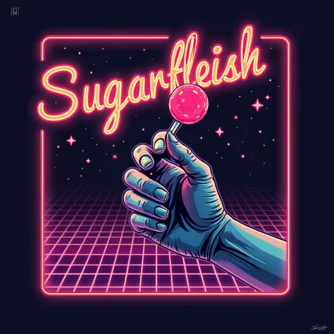 "A vintage 80s-inspired design with a neon color palette. A human hand holds a glowing lollipop, with the skin slowly turning into sugar crystals. The background is a retro grid pattern with glowing lights. The title 'Sugarfleish' is in a bold, retro font ...