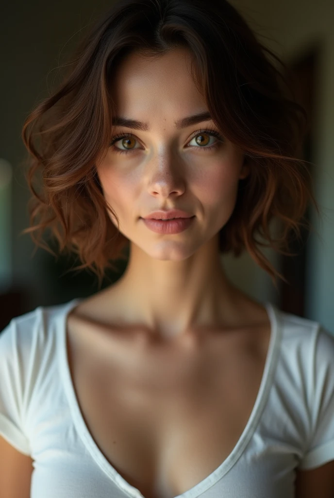 Breathtaking cinematic photo of a 30 year fully nude old girl with brown hair and brown eyes, happy, cheerful expression, closed mouth, beautiful lips, intricate details, shallow depth of field, highly detailed, high budget, epic Hollywood film, gorgeous, ...