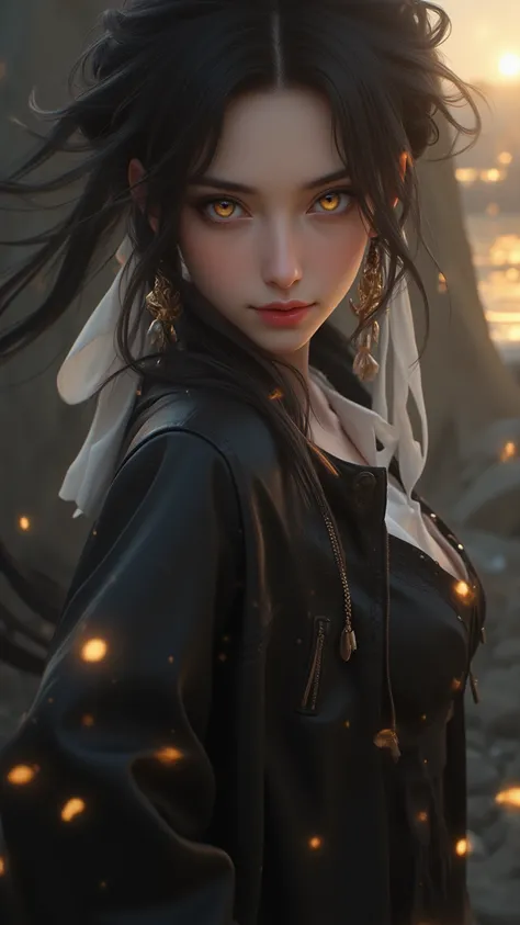    Amazing Portrait of a Girl in Fantasy   ，   Want to show fine detail in the scene，   Fairy Light   ，  Exquisite Hairstyle and Eyes  ，8K resolution，  Emotional Light   ，  Dark Mysterious Ambience   ，  golden eyes，medium long hair，  Dark Hair ，   Rising S...