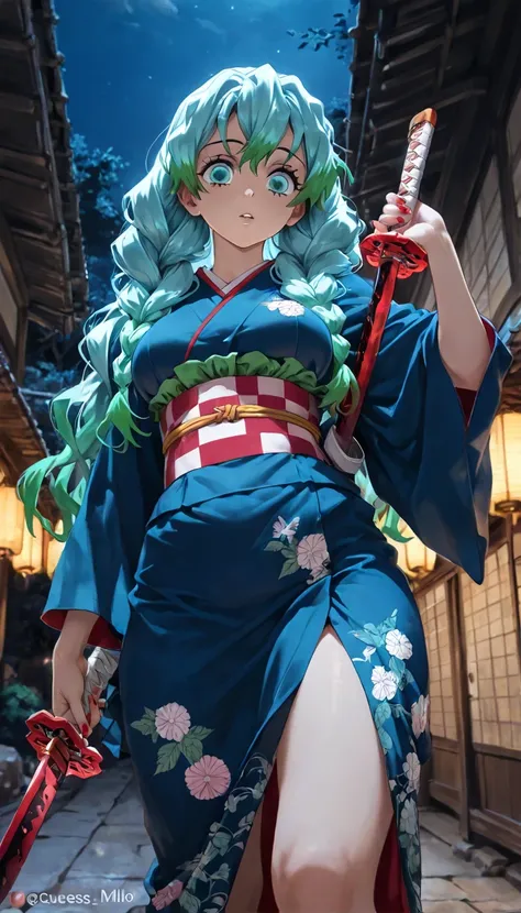 Scorpio Milo, blue kimono, long hair, blue hair, red nails, japaness clothes, red blad, katana, night, kimetsu no yaiba, masterpiece, best quality, amazing quality, detailed background, intricate details