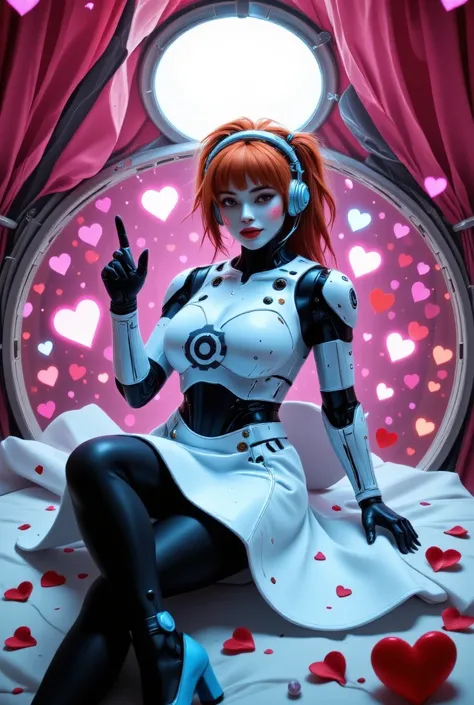 a fantasy land full of valentine hearts, a sexy seductive curvy anime robot scantily clad woman with grayish white robot skin, lying down on a heart shaped bed, ((pink cheek dots1.3)), big smile, long red hair with a single side ponytail, light blush, wear...