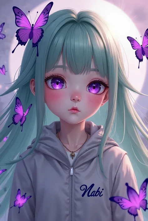 A girl with long sage green hair with bangs, purple eyes pink chicks, with name NABI on her jacket and sorounded a purple butterflies 